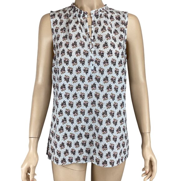 Talbots Top‎ Size Small Sleeveless Floral Metallic Ruffle Neck Button Down - Picture 1 of 8